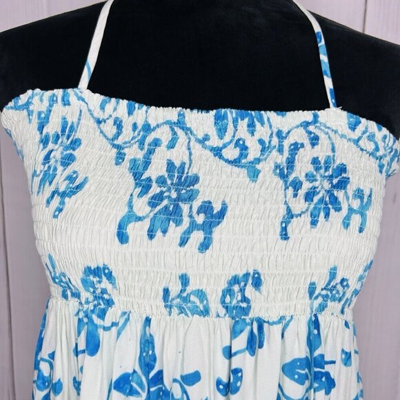 GO FISH Blue Floral Batik Smocked Maxi Halter Sundress Rayon Indonesia Sz M - Picture 5 of 12